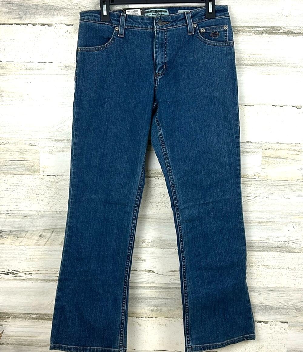 Harley-Davidson Womens 6 Petite Bootcut Blue Denim Jeans Logo Pocket NEW